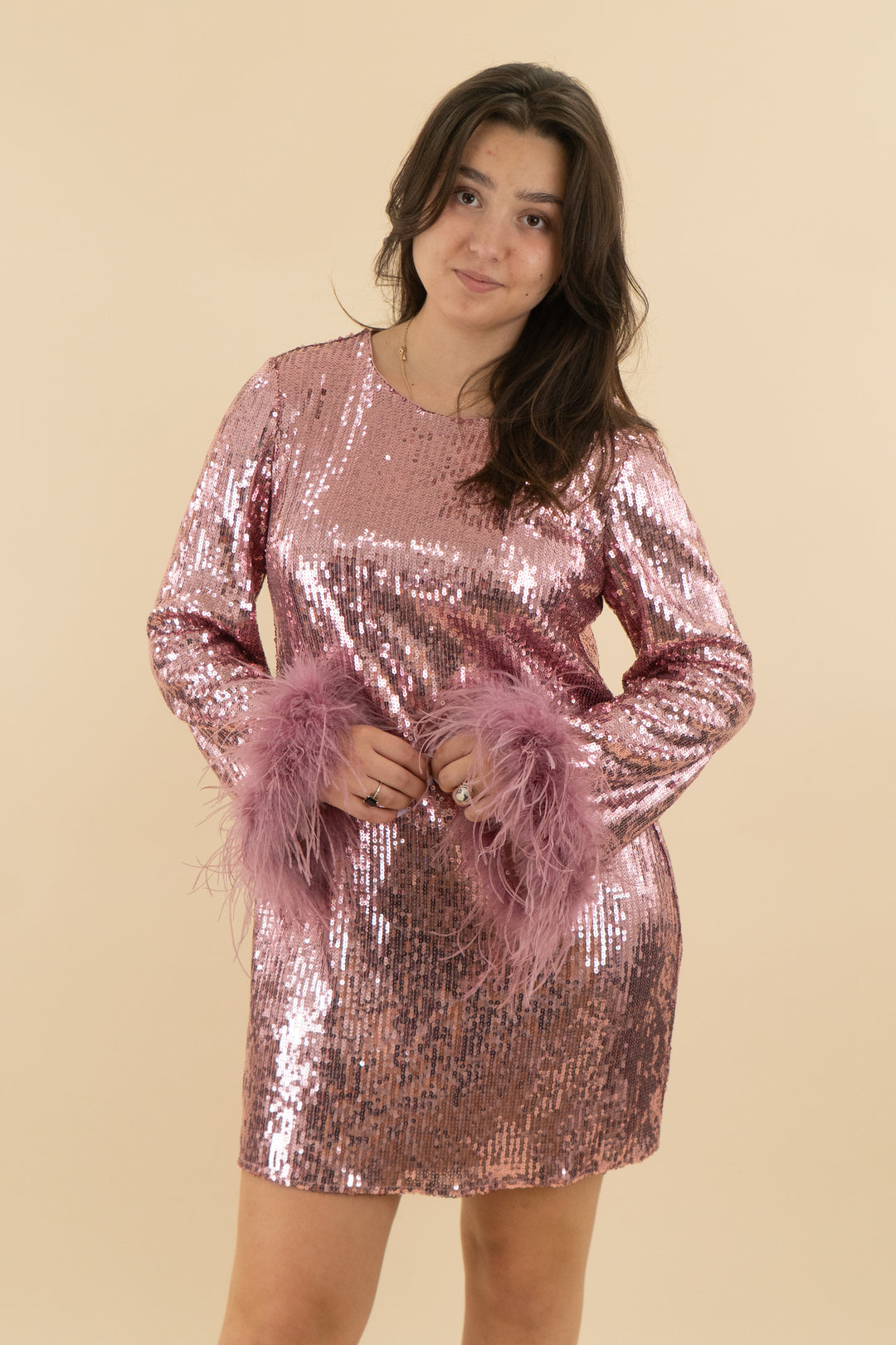 *AUCTION* hutch pink sequin feather mini dress (xl)
