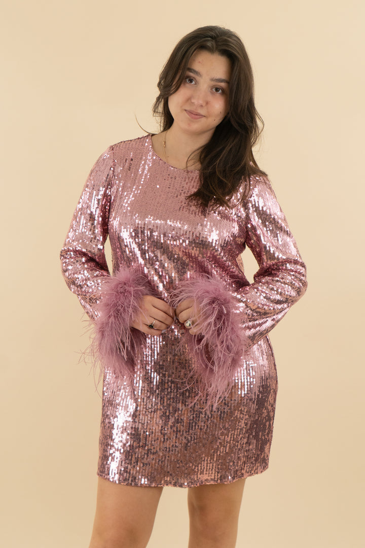 *AUCTION* hutch pink sequin feather mini dress (xl)