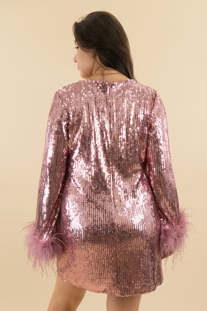 *AUCTION* hutch pink sequin feather mini dress (xl)