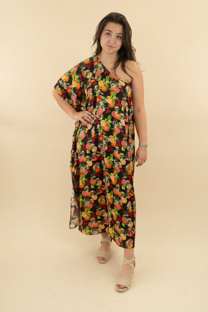 74. show me your mumu tropical sangria one shoulder maxi (xl; $168)