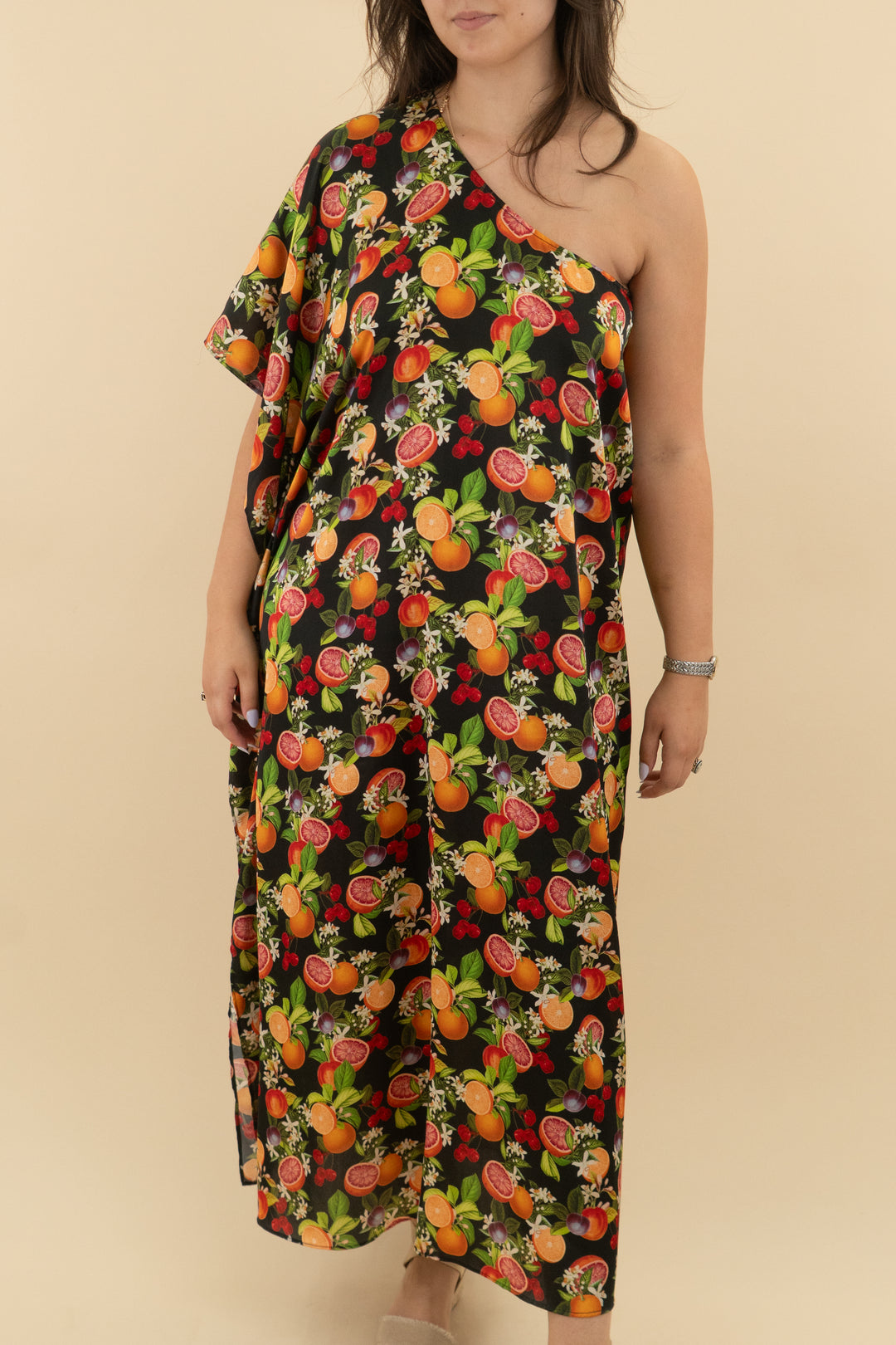 74. show me your mumu tropical sangria one shoulder maxi (xl; $168)