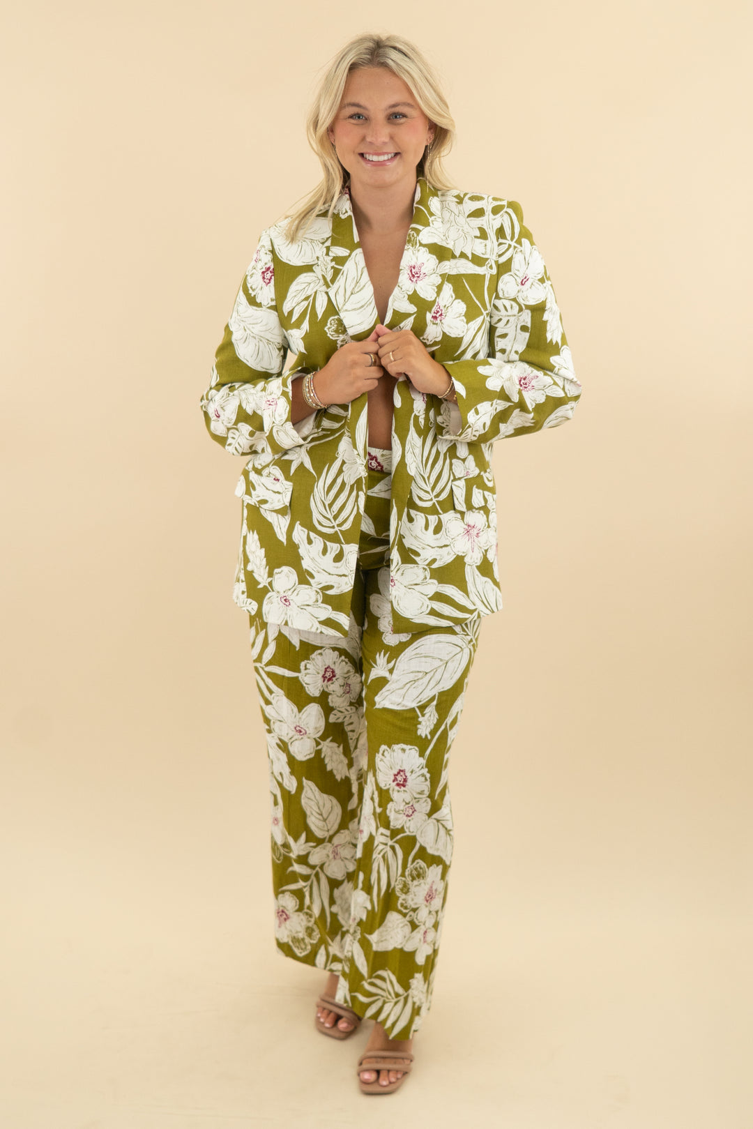 zara green leaf print blazer pant set nwt (xl; retail $139)