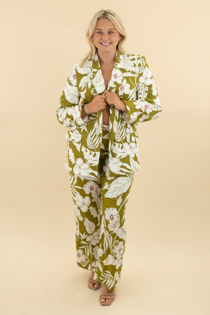 zara green leaf print blazer pant set nwt (xl; retail $139)