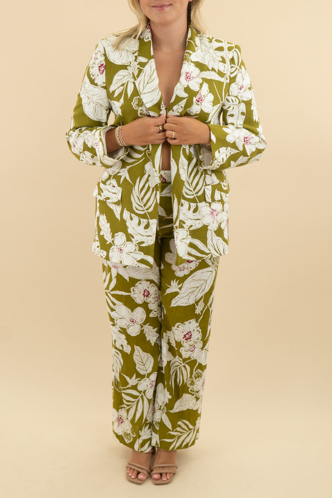 zara green leaf print blazer pant set nwt (xl; retail $139)
