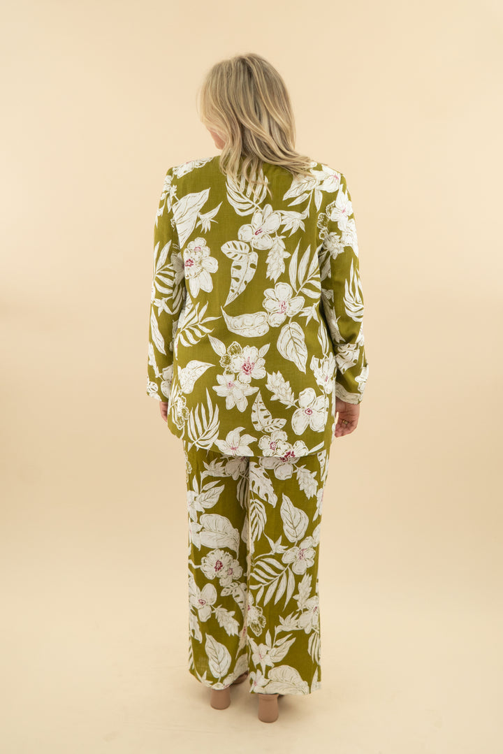 zara green leaf print blazer pant set nwt (xl; retail $139)