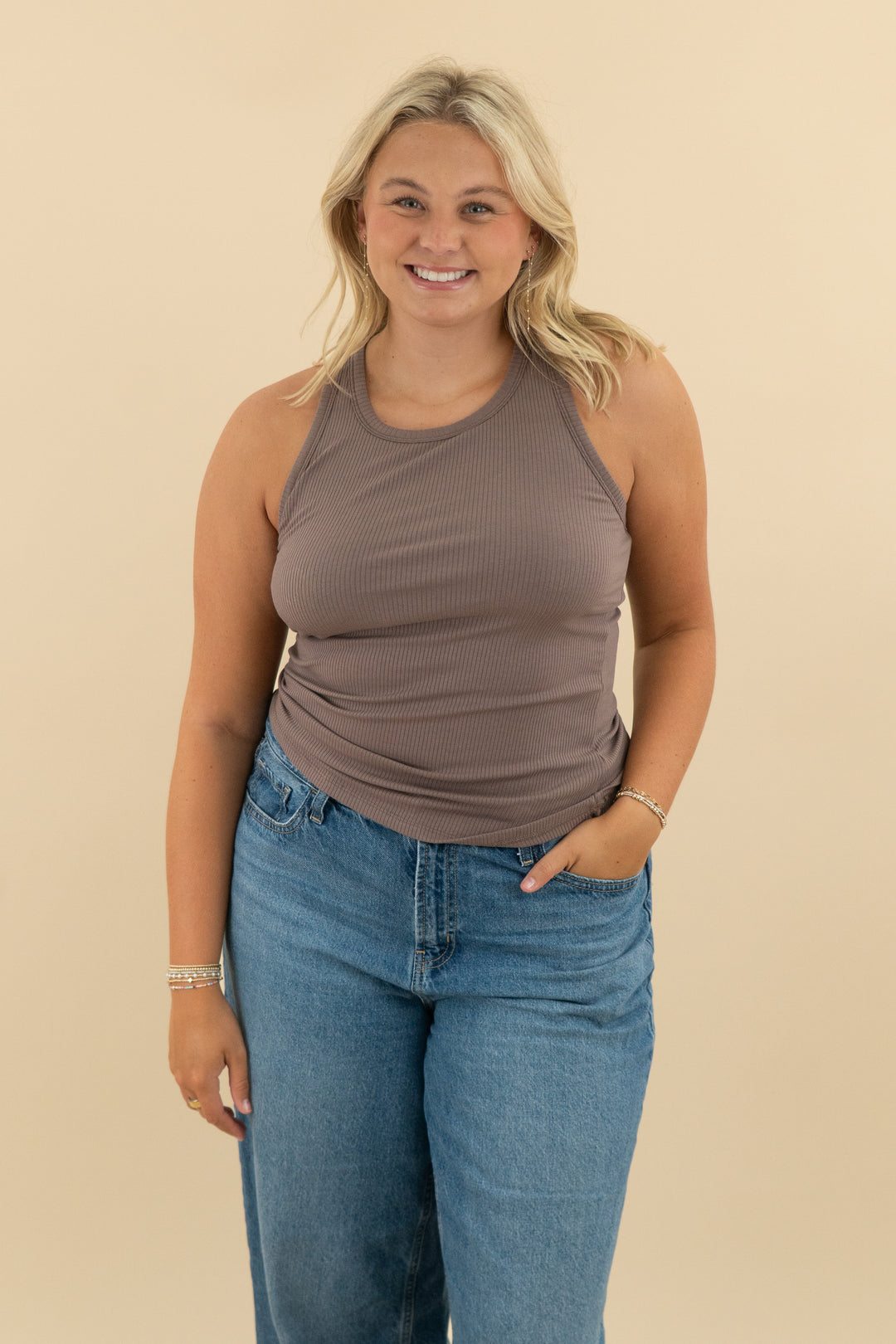 fabletics brown ribbed racerback tank nwt (l; retail $45)
