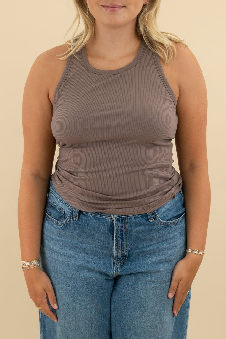 fabletics brown ribbed racerback tank nwt (l; retail $45)