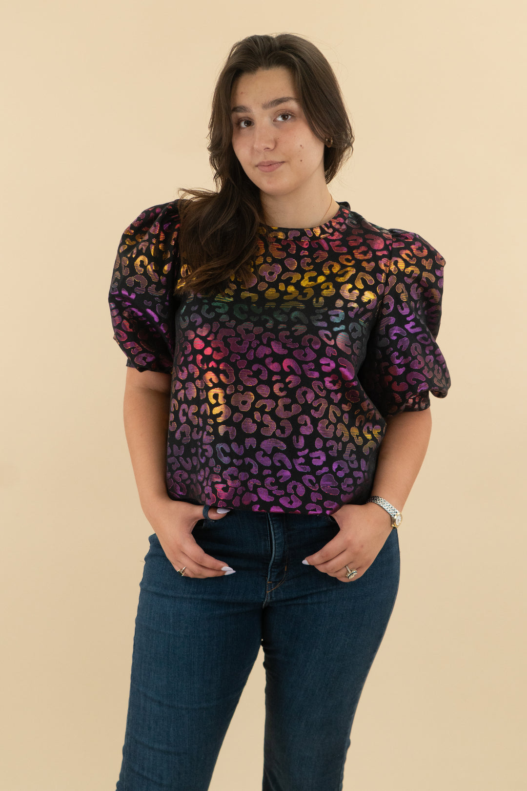 emily mccarthy purple/gold metallic leopard top (l: retail $248)