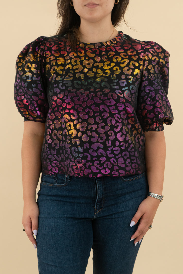 emily mccarthy purple/gold metallic leopard top (l: retail $248)