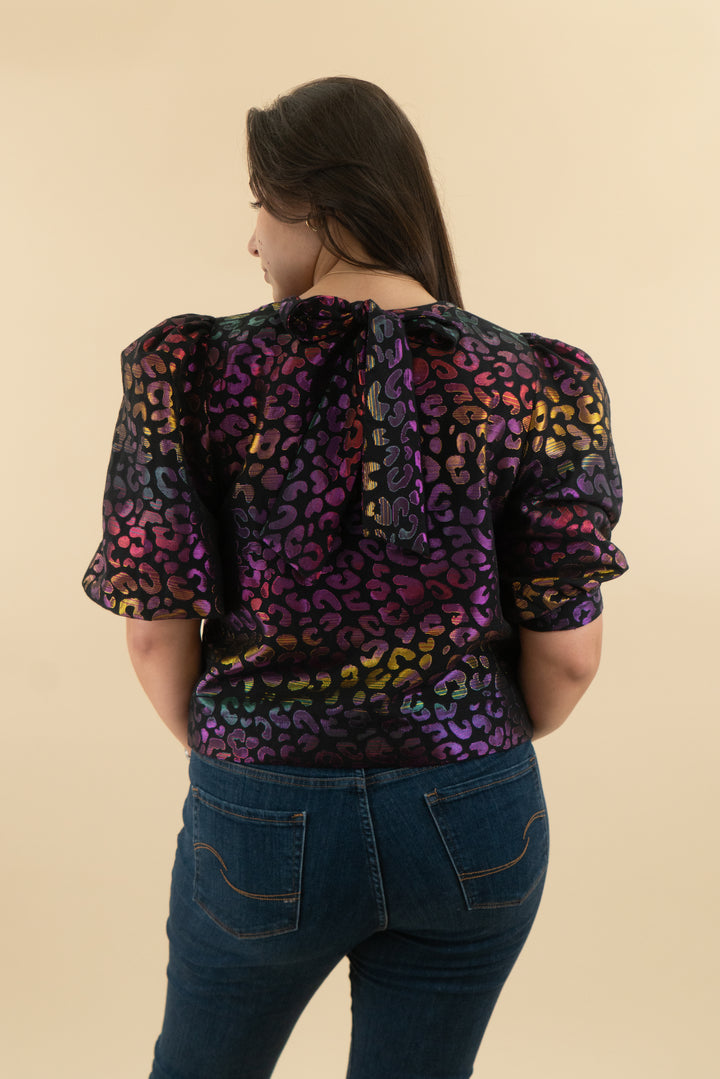 emily mccarthy purple/gold metallic leopard top (l: retail $248)