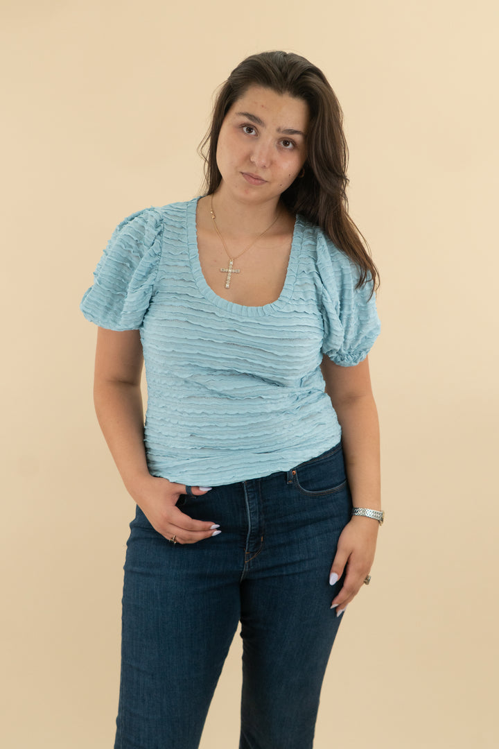 anthropologie light blue ruffle detail short sleeve top (l; retail $68)