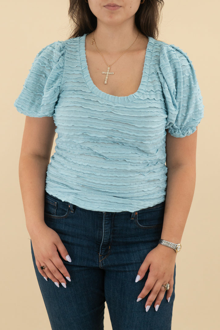 anthropologie light blue ruffle detail short sleeve top (l; retail $68)