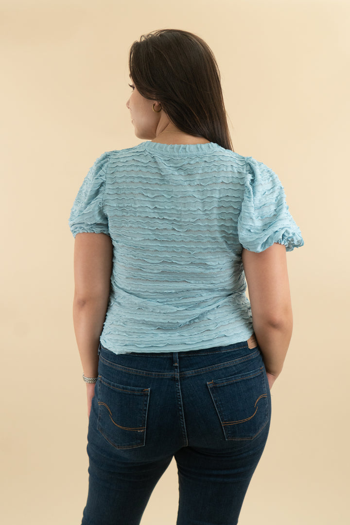 anthropologie light blue ruffle detail short sleeve top (l; retail $68)