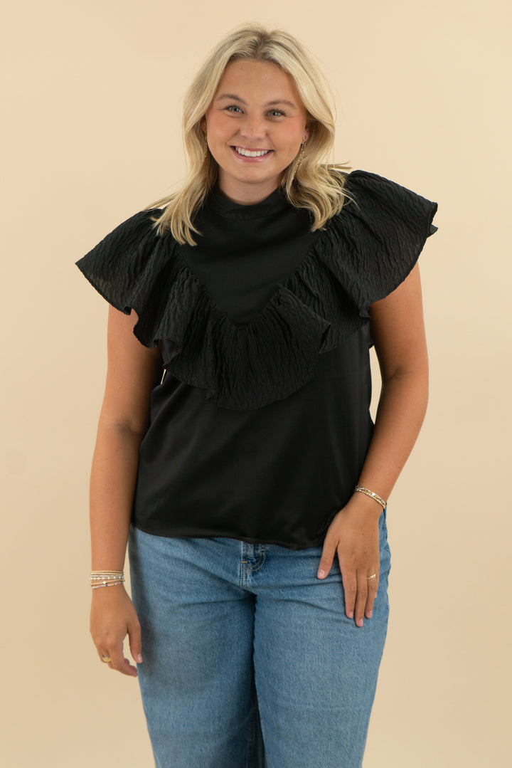 crosby black single ruffle short sleeve satin top (l: retail $158)