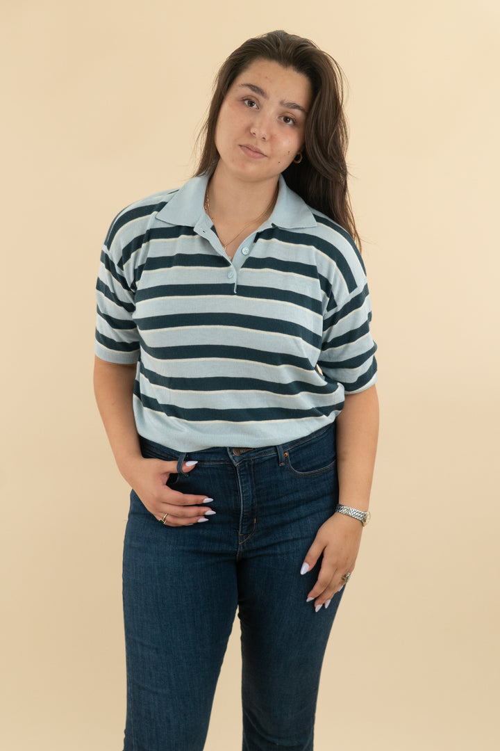 astr light blue/teal stripe knit collared short sleeve top nwt (l; retail $88)