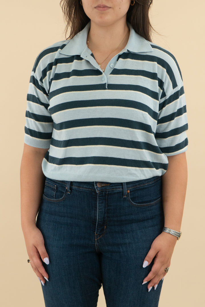 astr light blue/teal stripe knit collared short sleeve top nwt (l; retail $88)