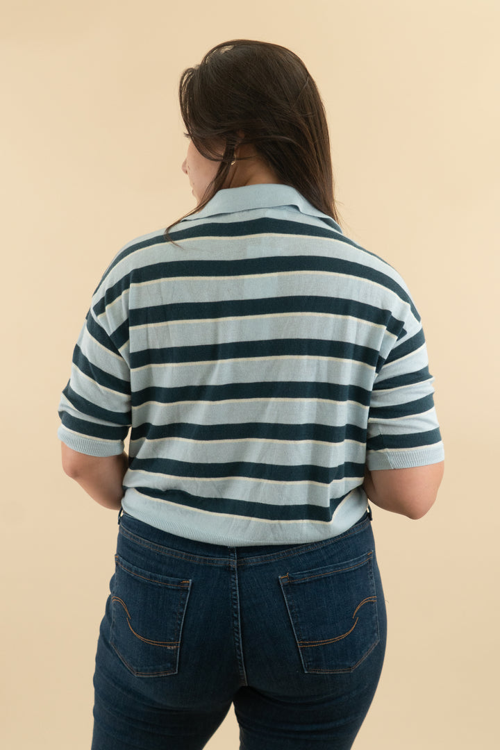 astr light blue/teal stripe knit collared short sleeve top nwt (l; retail $88)
