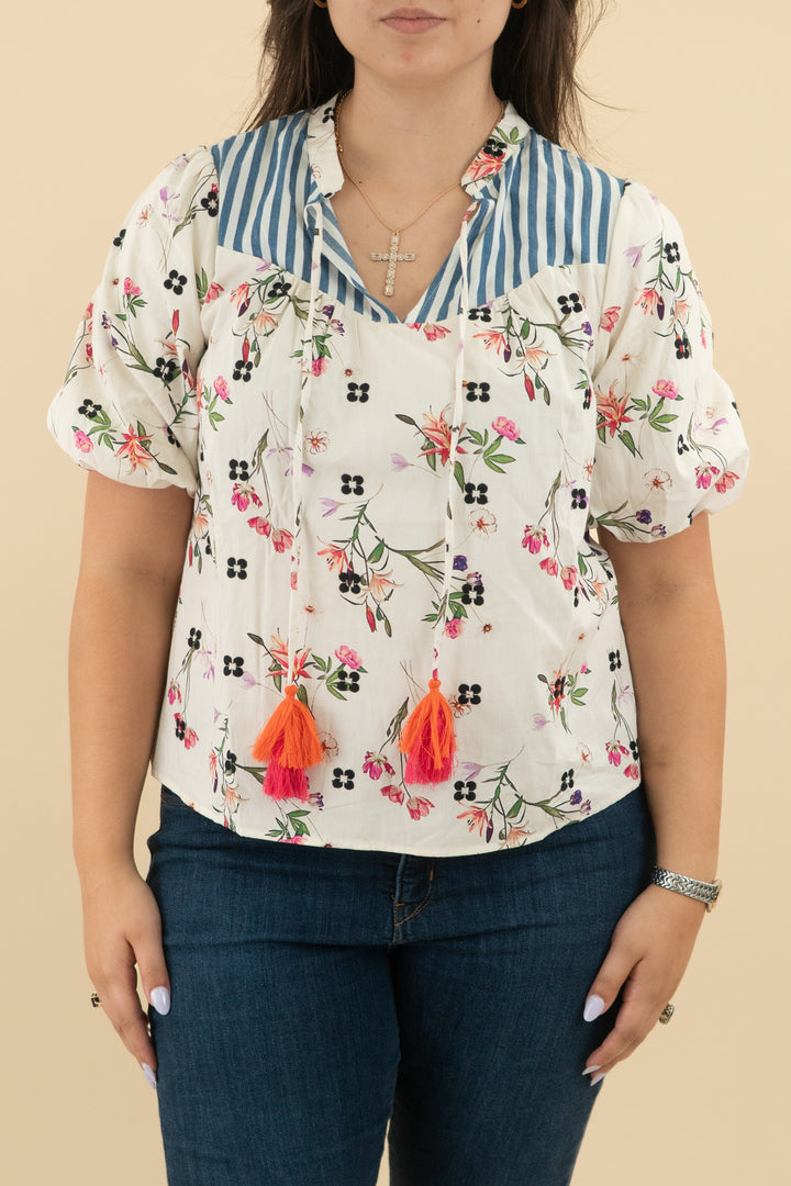 voy white floral striped smock top nwt (m)