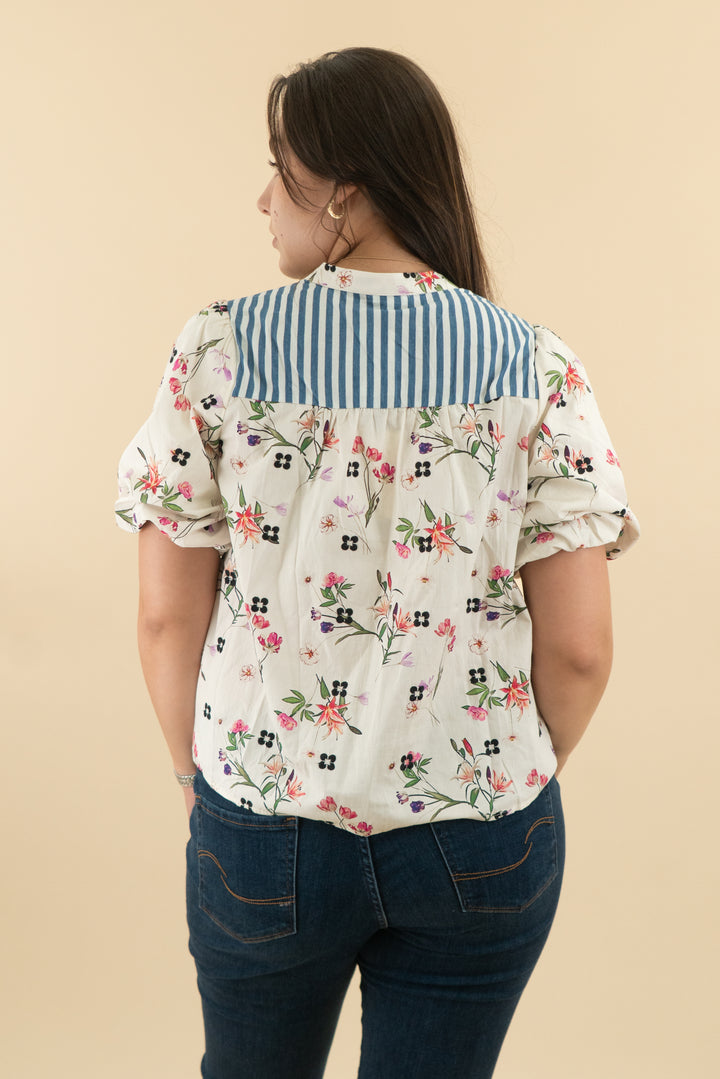 voy white floral striped smock top nwt (m)