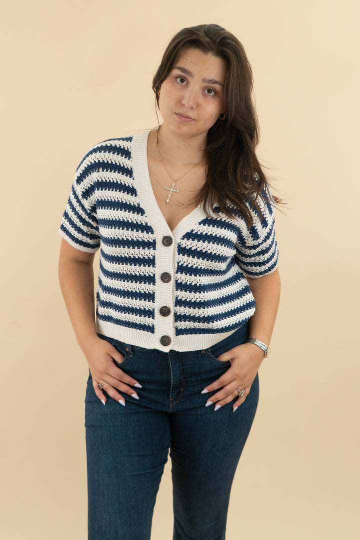 universal threads blue white stripe button up short sleeve sweater (m)
