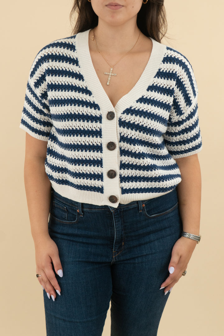 universal threads blue white stripe button up short sleeve sweater (m)