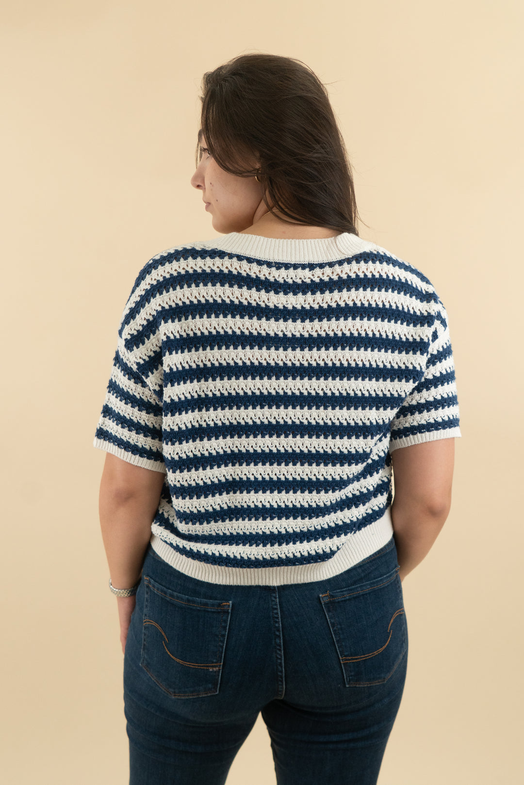 universal threads blue white stripe button up short sleeve sweater (m)