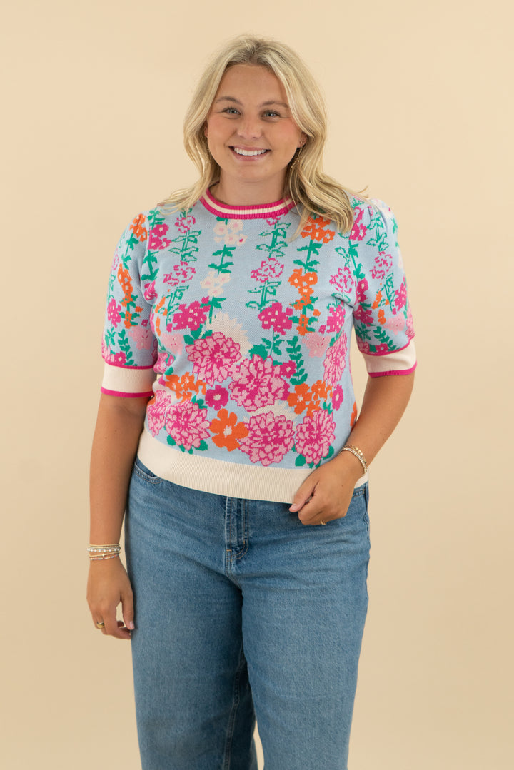 47. thml light blue/pink floral knit short sleeve top (l; retail $52)