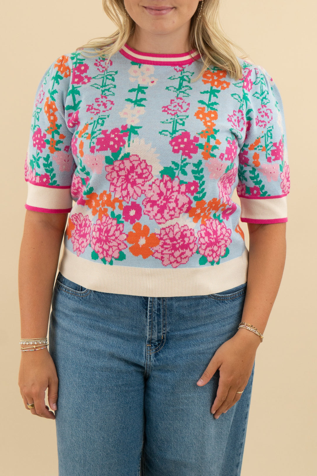 47. thml light blue/pink floral knit short sleeve top (l; retail $52)