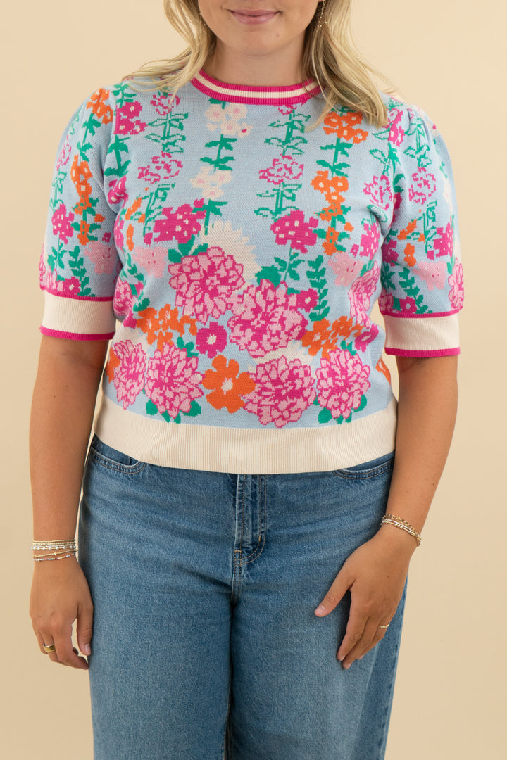 47. thml light blue/pink floral knit short sleeve top (l; retail $52)