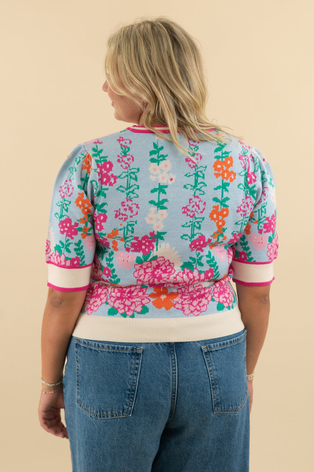 47. thml light blue/pink floral knit short sleeve top (l; retail $52)