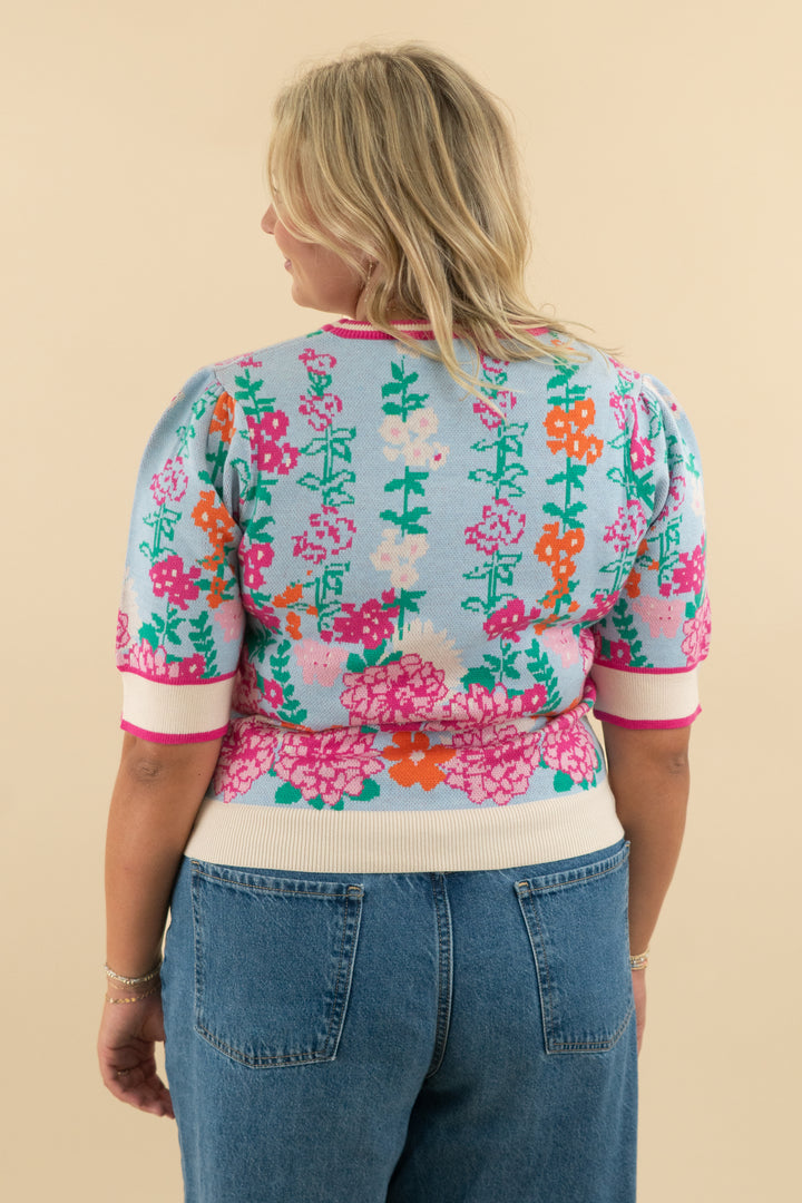 47. thml light blue/pink floral knit short sleeve top (l; retail $52)