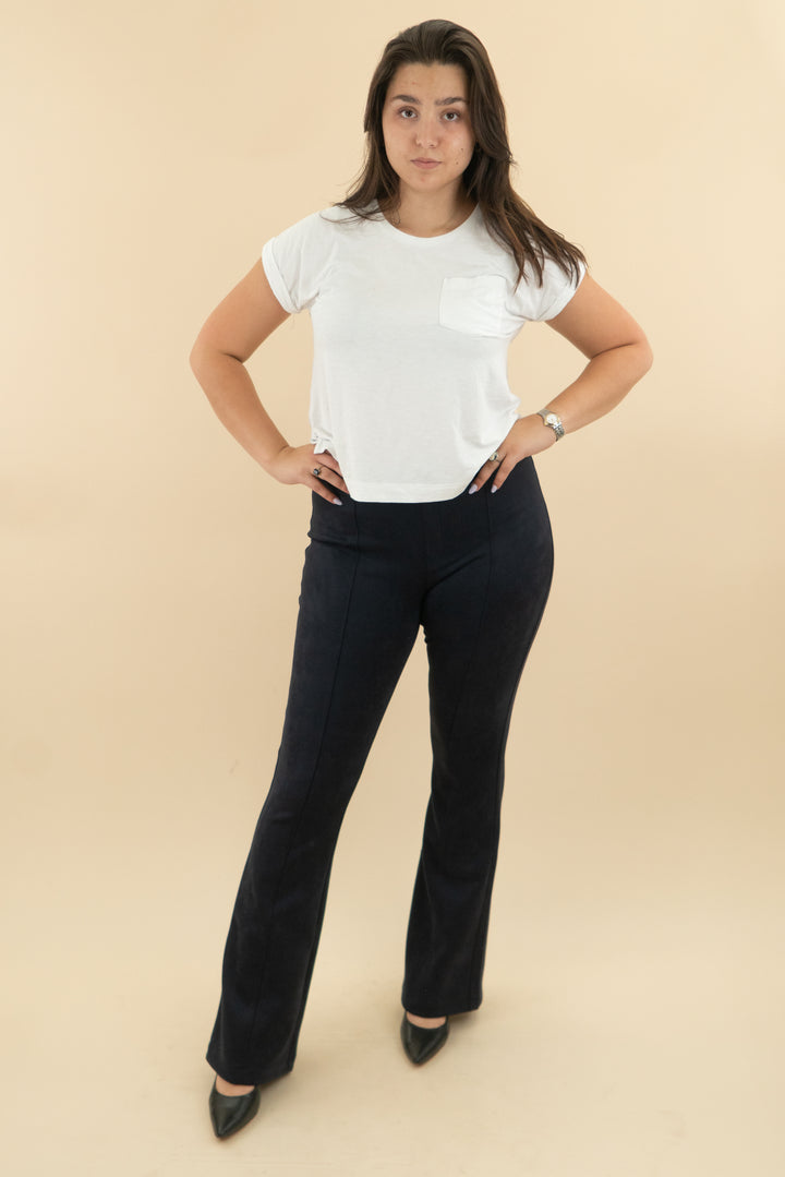 spanx navy suede slim flare pant (xlt, retail $128)