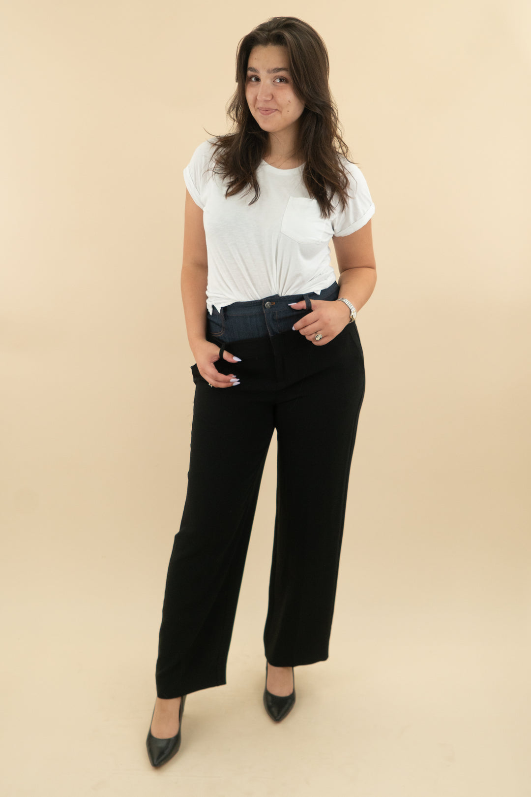 cinq a sept black wide leg trouser with denim panel (l; retail $225)