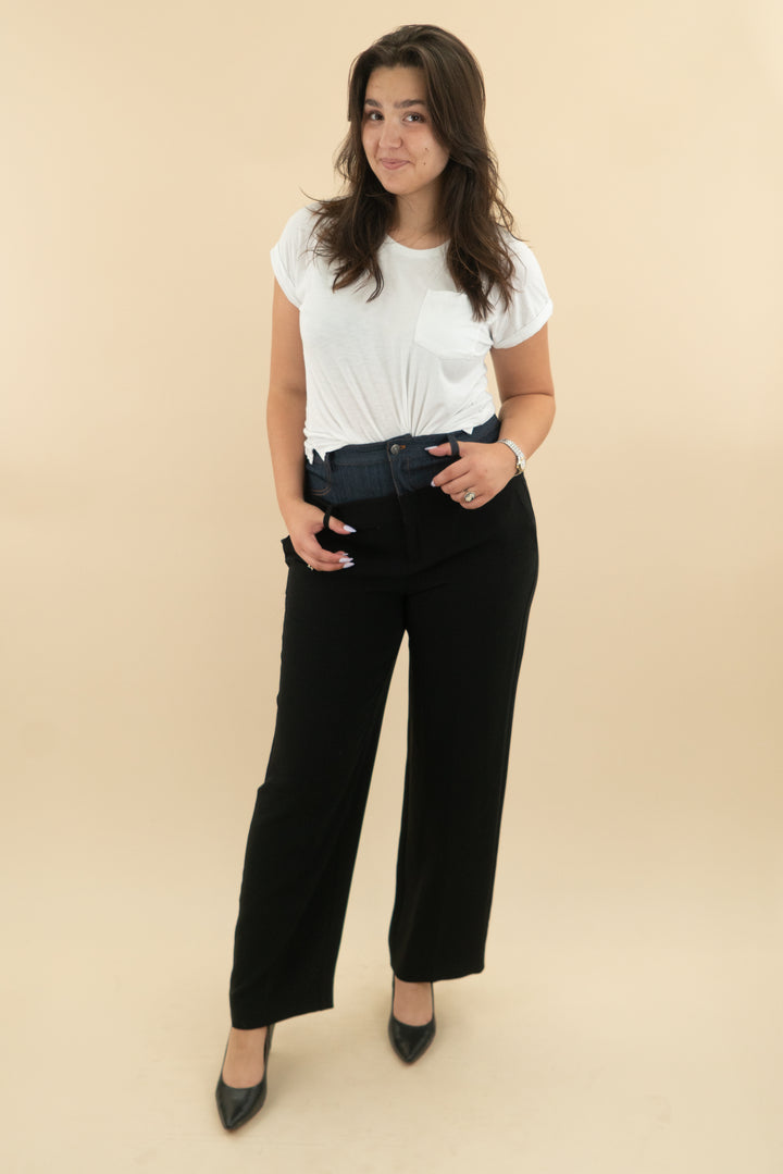 cinq a sept black wide leg trouser with denim panel (l; retail $225)