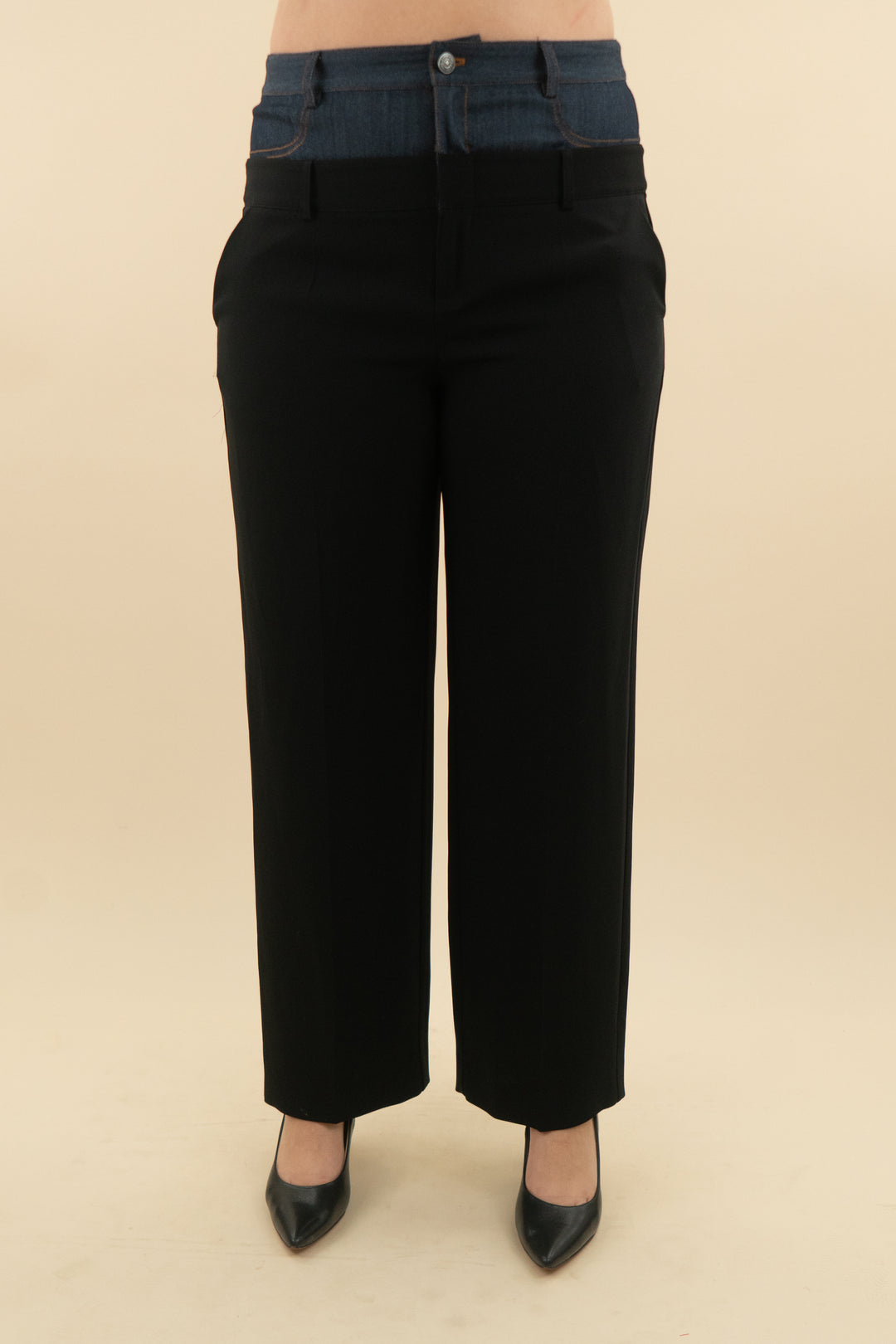 cinq a sept black wide leg trouser with denim panel (l; retail $225)
