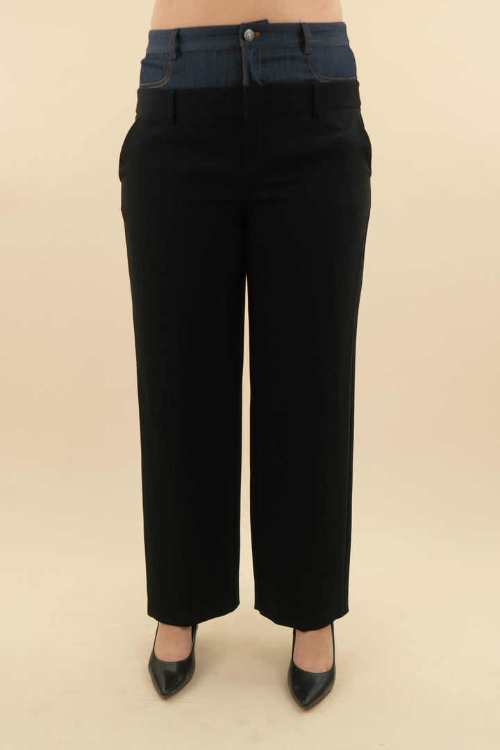 cinq a sept black wide leg trouser with denim panel (l; retail $225)