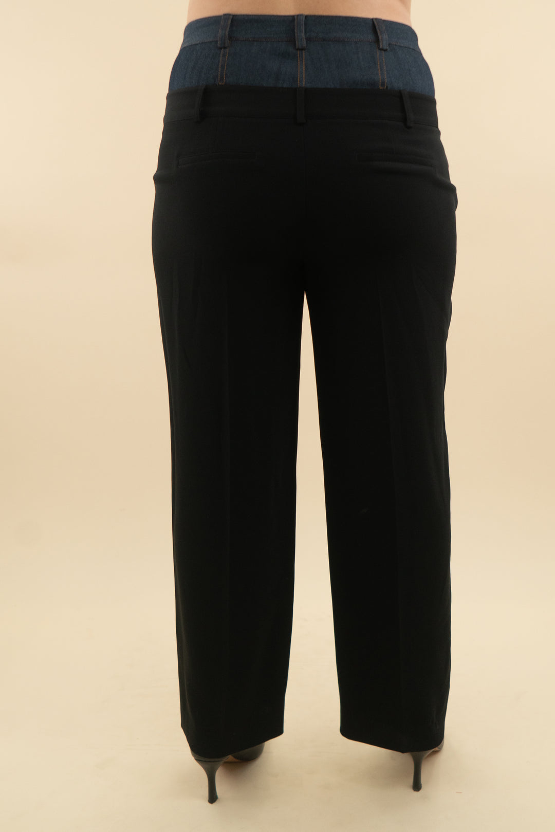 cinq a sept black wide leg trouser with denim panel (l; retail $225)