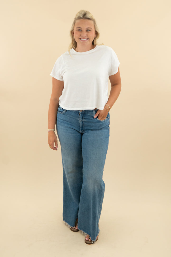 mother light wash high rise wide leg jean (32; retail $268)