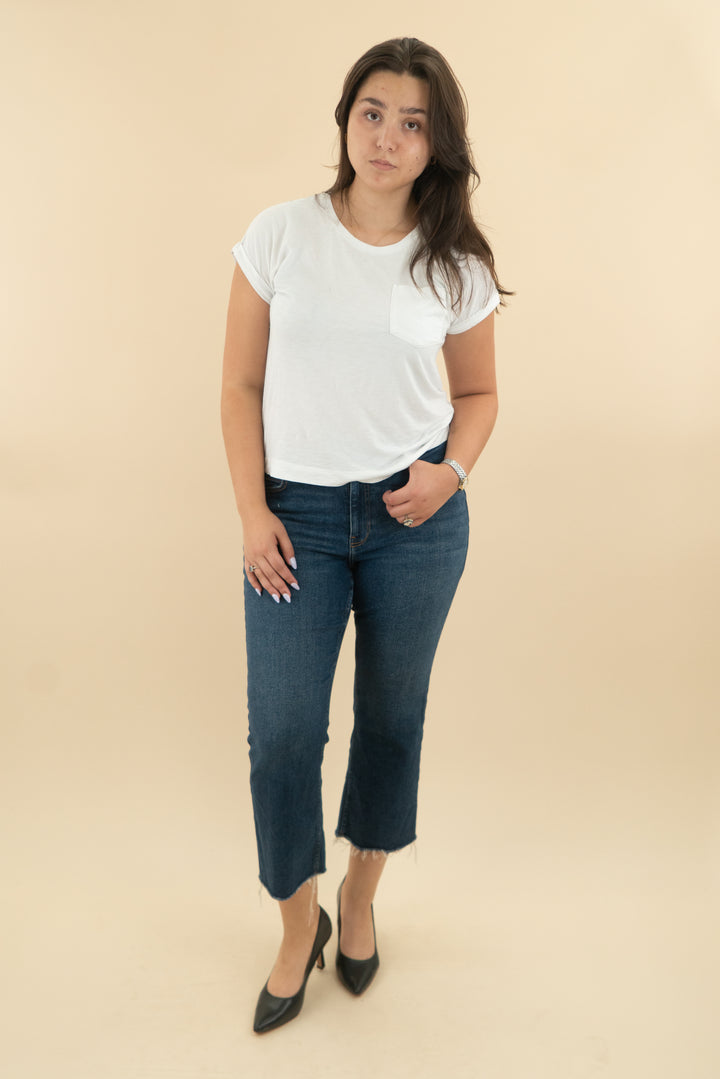 zara dark wash cropped kick flare (12; retail $69.90)