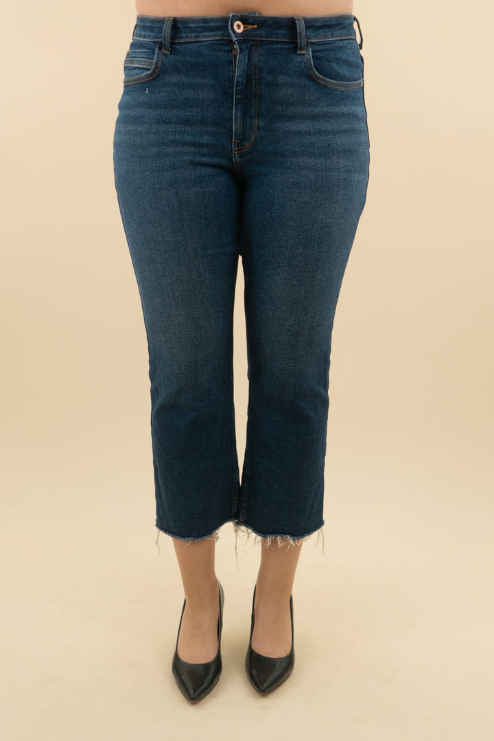 zara dark wash cropped kick flare (12; retail $69.90)