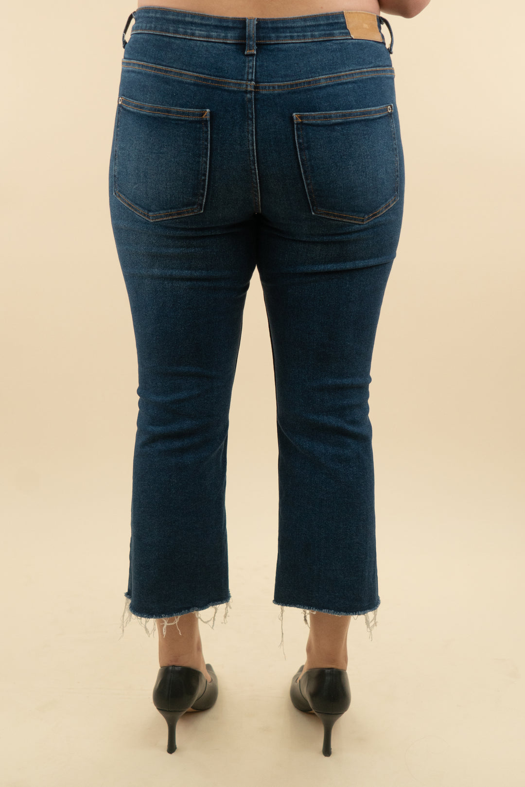 zara dark wash cropped kick flare (12; retail $69.90)
