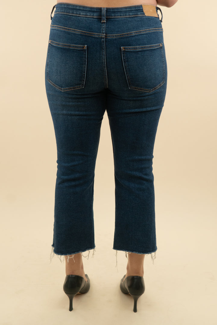 zara dark wash cropped kick flare (12; retail $69.90)