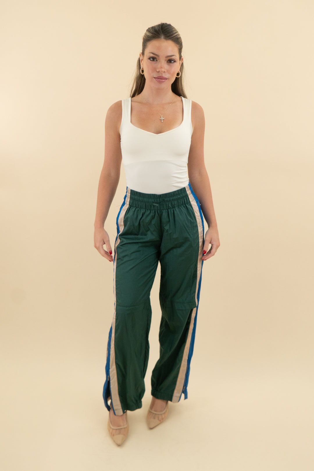 free people hunter green cargo joggers with blue and beige side stripe (xs; retail $98)