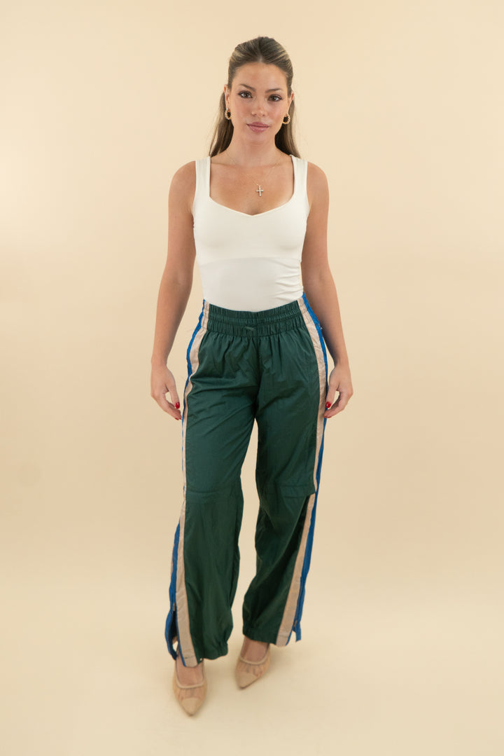 free people hunter green cargo joggers with blue and beige side stripe (xs; retail $98)