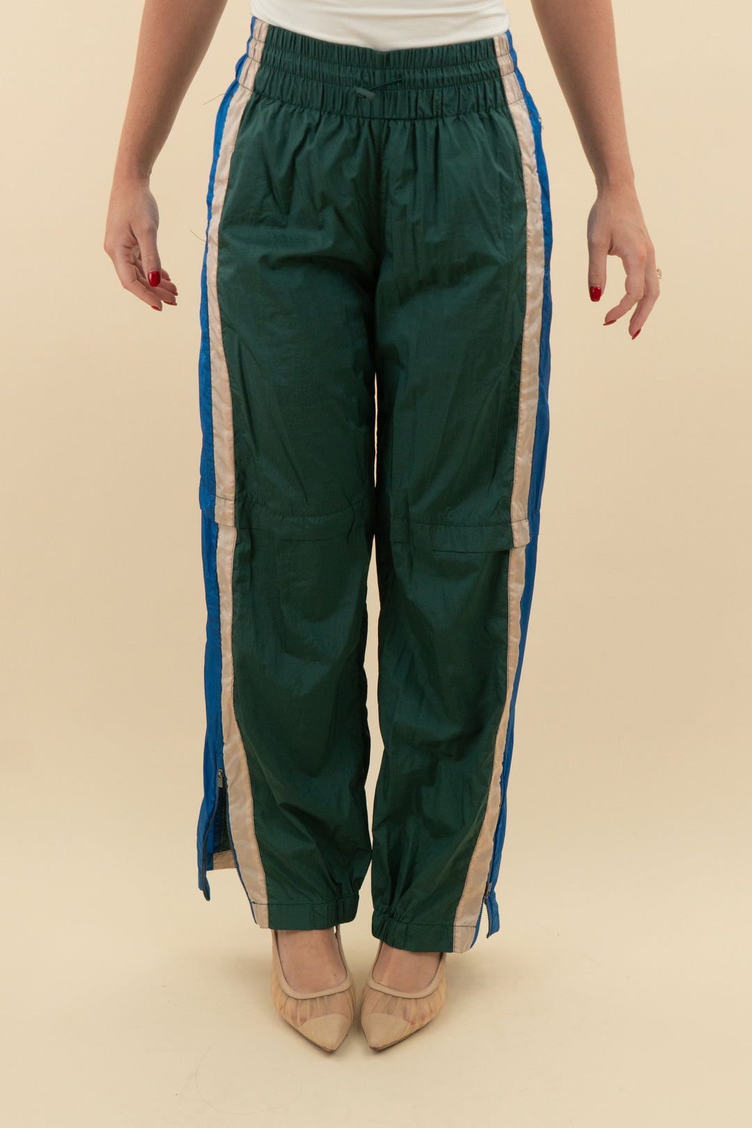 free people hunter green cargo joggers with blue and beige side stripe (xs; retail $98)