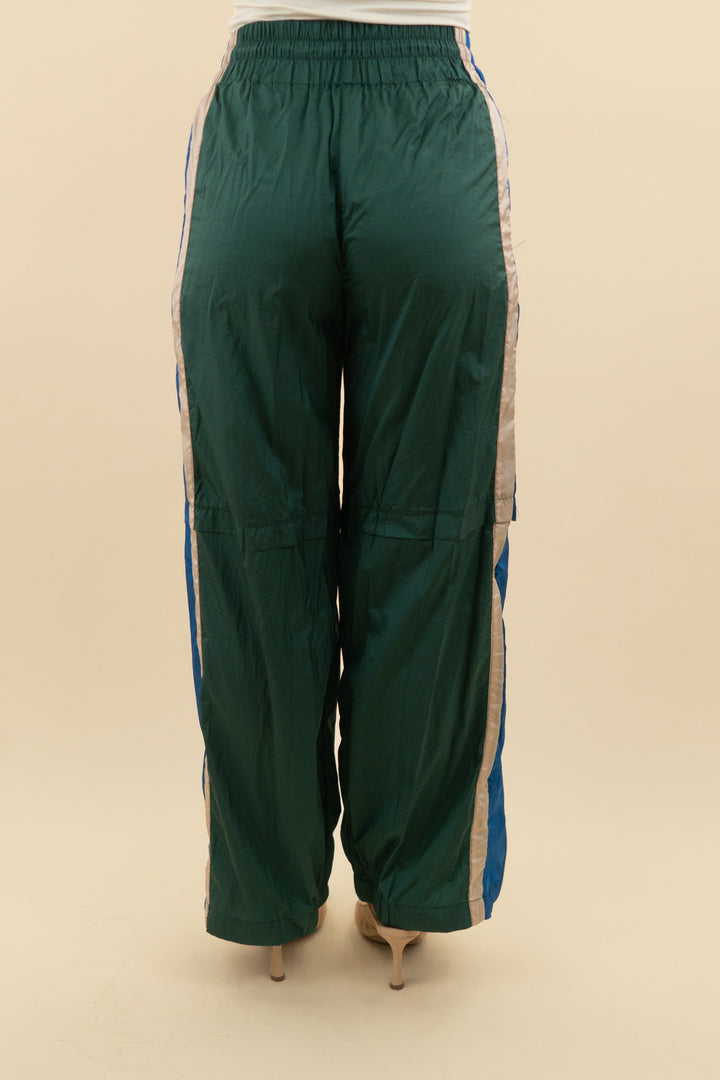 free people hunter green cargo joggers with blue and beige side stripe (xs; retail $98)