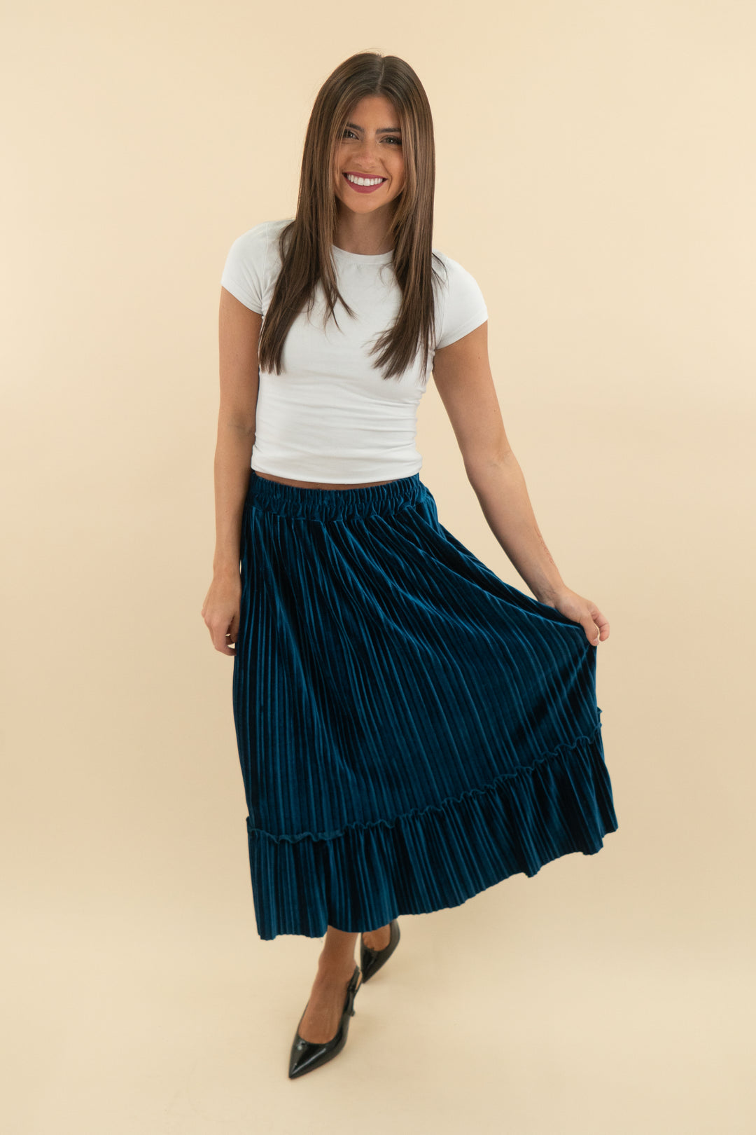 bei sen blue crushed velvet pleated skirt (4)
