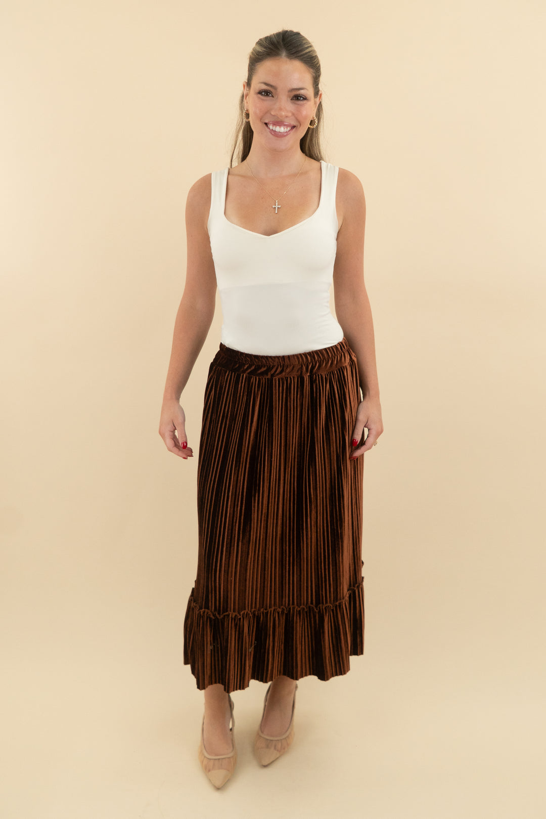 bei sen brown crushed velvet pleated skirt (4)