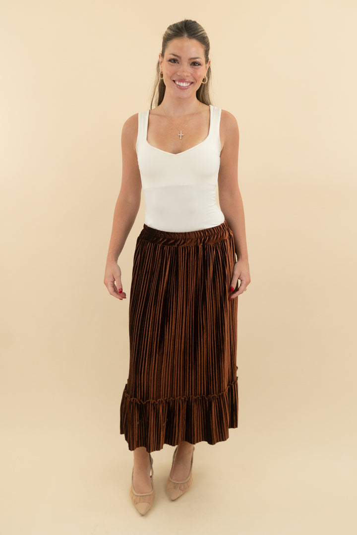 bei sen brown crushed velvet pleated skirt (4)