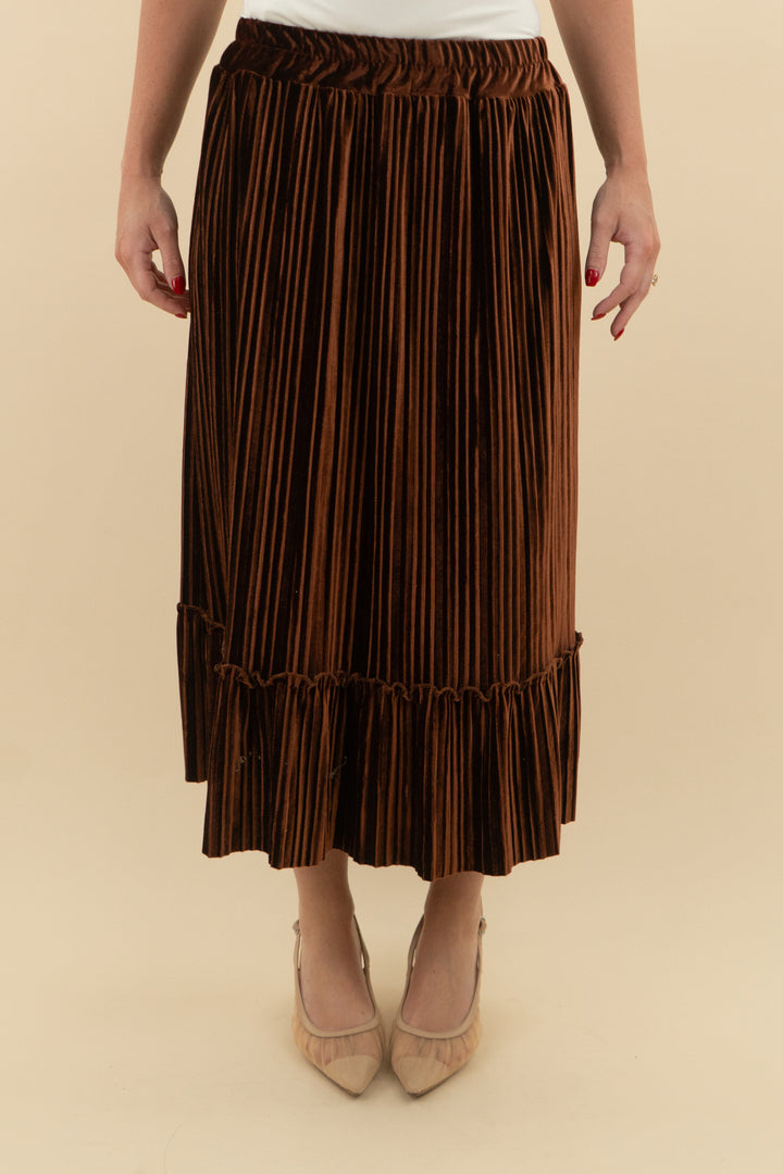 bei sen brown crushed velvet pleated skirt (4)